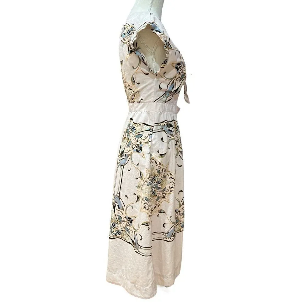 Free People Linvilla Beige Poplin Printed Midi Dress Size 6